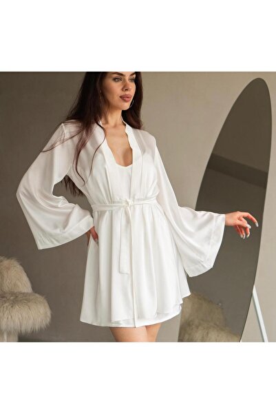 Sandrada SD Γυναικεία Μαλακή Σατέν Λευκή Ρόμπα, Κομψή, Λαμπερή, Άνετη