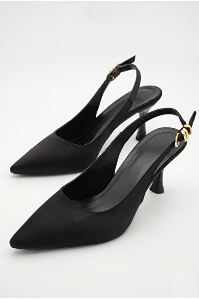 Shoesers حذاء نسائي ذو كعب رفيع من الساتان الأسود بتصميم أنيق مع شريط مطاطي و...