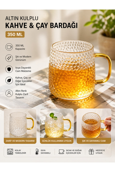 Genel Markalar Altın Kulplu Cam Kahve & Çay Bardağı 350 ML – Modern Tasarım