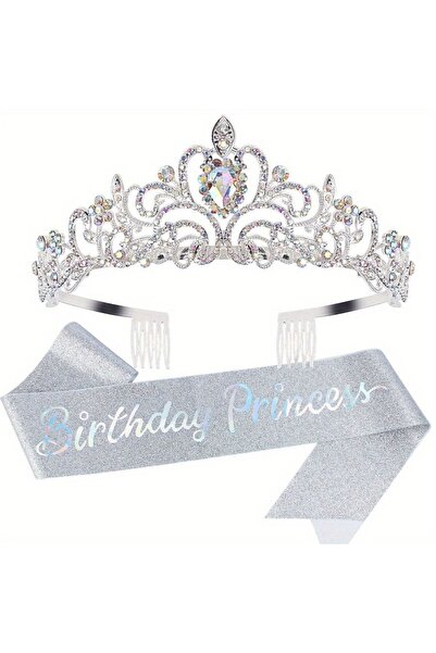 choice2 طقم تاج وشاح أميرة فضي AB مكون من قطعتين، مرصع بأحجار الراين والكريست...