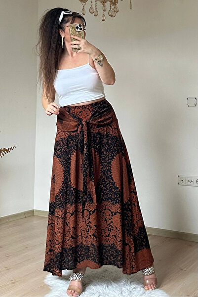 AZRA BUTİK Αυθεντική φούστα με σχέδια σε καφέ χρώμα