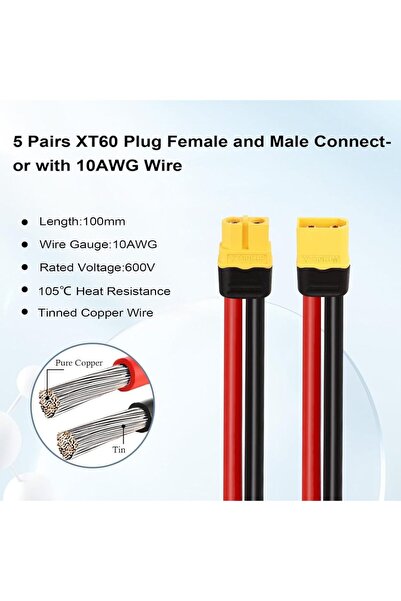 Choice 100mm 10AWG 1 PAIR 1Pairs XT60 Plug And Socket Set with 100mm 10AWG Wi...