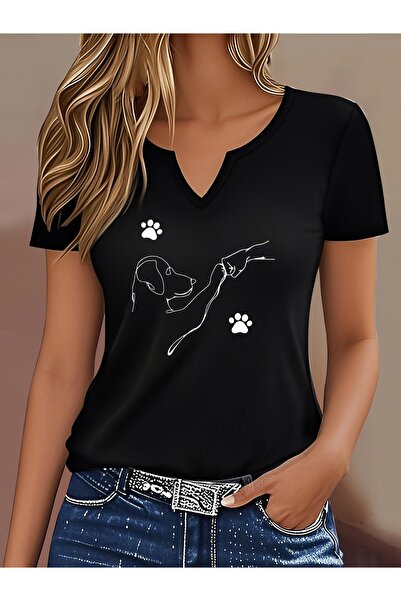 mercoledi Γυναικείο μπλουζάκι με στάμπα, μισό μανίκι σε σχήμα V, κανονική εφα...