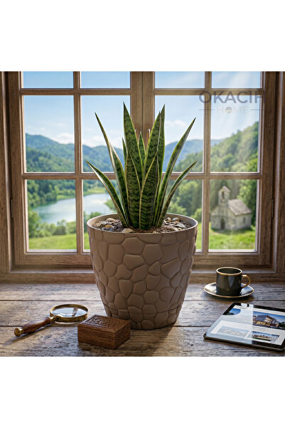 okacih Taş Desenli Küçük Saksı 20 cm 4 Lt Dekoratif Saksı
