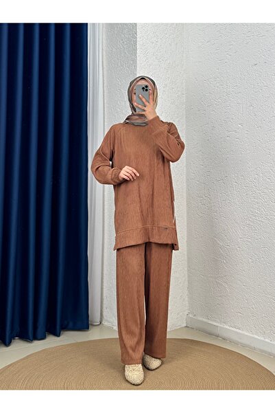 MİHRA STORE Σετ παντελονιού με φερμουάρ και ριμπ ραφές σε χρώμα κανέλας-MF188...