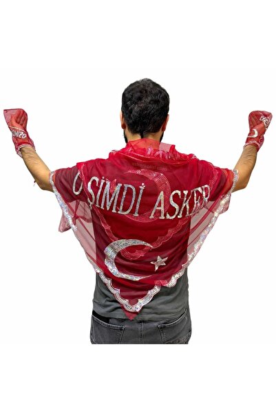 KORDAK Kırmızı Asker Şalı - "O Şimdi Asker" Yazılı Şal Eldiven Seti