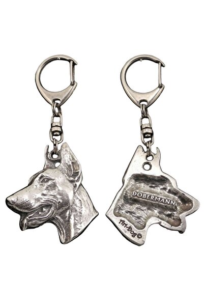 Art - Dog Dobermann, Doberman Pinscher - Silver-plated key ring with dog, han...
