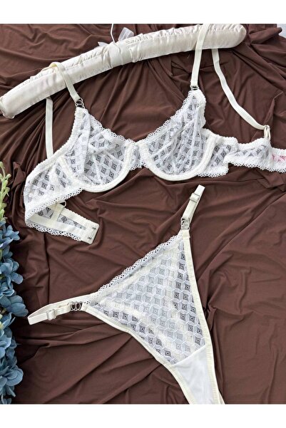 İNKO İÇ GİYİM Δαντελωτό διάφανο σετ σουτιέν με μπανέλες και στρινγκ