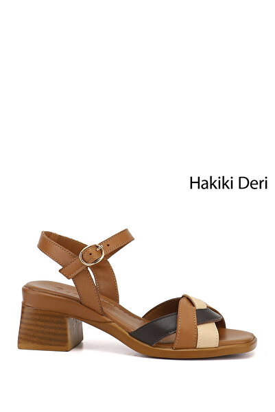 GÖNDERİ(R) Γυναικεία πέδιλα από γνήσιο δέρμα με χοντρό τακούνι με αντίκες πλε...