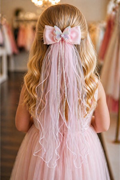 GlassySKY Μοντέλο Duvak Κλιπ μαλλιών Πριγκίπισσας με φιόγκο, πεταλούδα και μα...