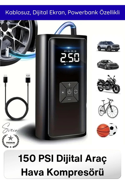 Svein #HavaKompresör Dual Mod 150 PSI Led Powerbank Dijital Ekranlı Şarjlı Ta...