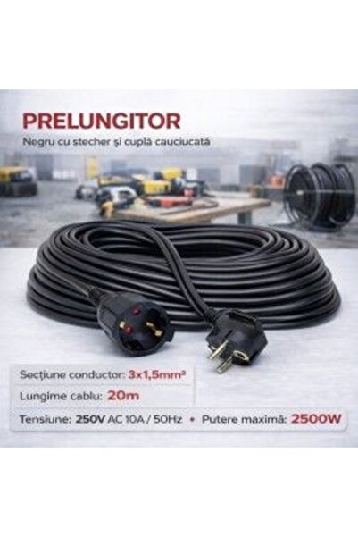 Bibilel Μαύρο καλώδιο προέκτασης 3x1.5mm², μήκος 20μ, με φις και ελαστικό αντ...