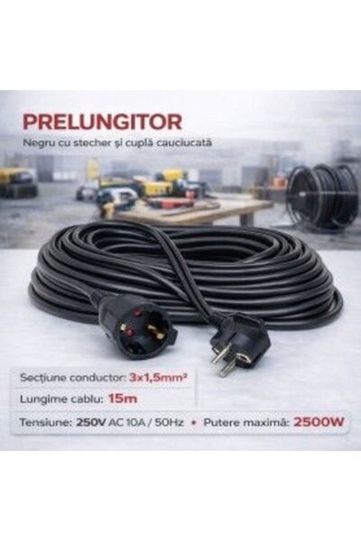 Bibilel Μαύρο καλώδιο προέκτασης 3x1.5mm², μήκος 15μ, με βύσμα και ελαστικό σ...