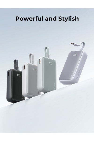 AUKEY Spark Sling 10,000mAh Power Bank 30W Fast Charging with Built-in USB-C Cable PB-Y61 White.
