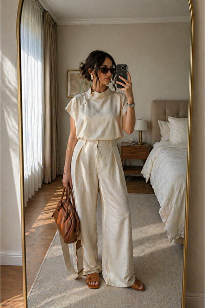 The Moda Πέτρινο βαμβακερό λινό πουκάμισο και παντελόνι Palazzo, σετ δύο τεμα...