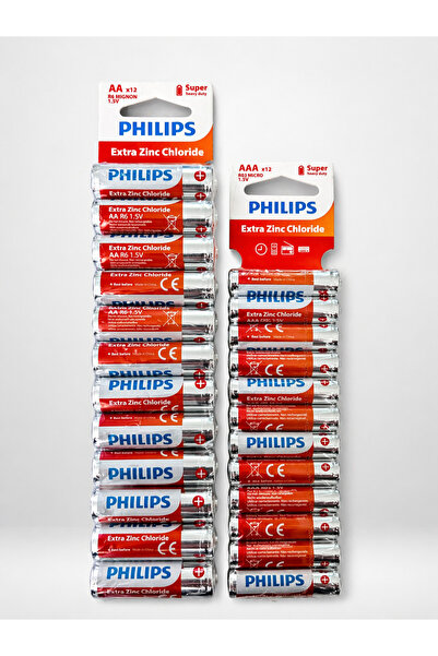 Philips AA + AAA Pil Seti 24’lü (12 Kalem + 12 İnce Kalem) 1.5V Extra Zinc Ch...