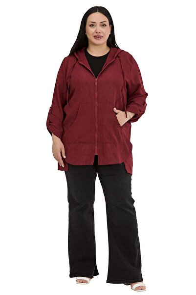 DISENTIS MODEST Μπουφάν μεγάλου μεγέθους με κουκούλα και φερμουάρ, με υφή λιν...