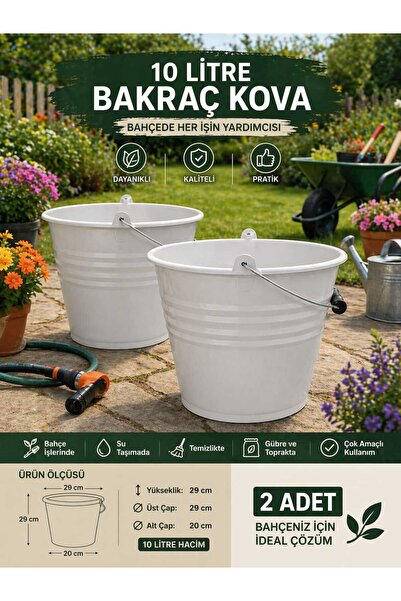 zemihra Metal Saplı Beyaz Bakraç Kova Banyo Mutfak Bahçe Çok Amaçlı Saplı Kov...