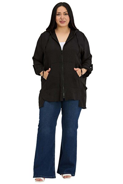 DISENTIS MODEST Μαύρο μπουφάν μεγάλου μεγέθους με κουκούλα και φερμουάρ, με υ...