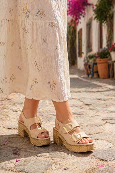 Peta Γυναικεία πέδιλα Nubuck με διπλή πόρπη και χοντρό τακούνι