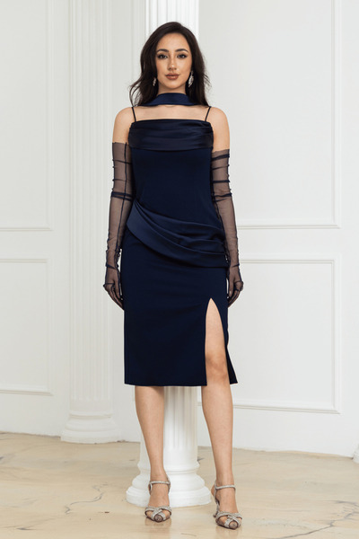 BEYBOS Midi Pencil Dress with Degaje Collar, Shawl and Glove Detail - Dark Blue