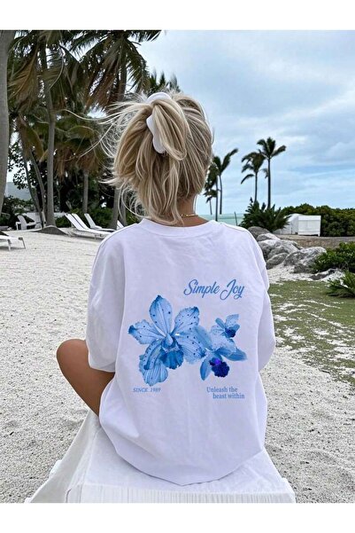vinraus giyim Kız Çocuk Beyaz Simple Joy Çiçek Baskılı Günlük Rahat Tshirt