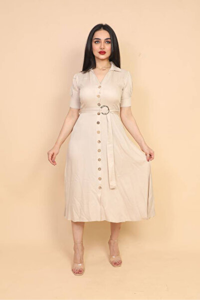 FIRST STYLE فستان تركي ميدي غاية في الأناقة باللون البيج مزين بحزام لطلة فاتنة
