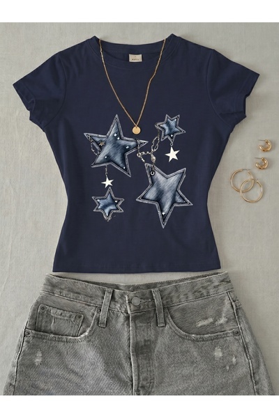 NİCE Γυναικείο κοντομάνικο μπλουζάκι με στάμπα αστεριών και αλυσίδες - Lycra ...