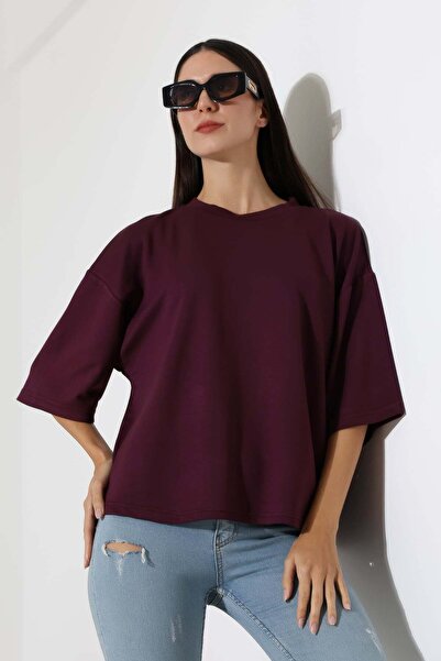 ModaPlaza Γυναικείο μπλουζάκι με κοντά μανίκια, σκισίματα στα πλαϊνά και λαιμ...