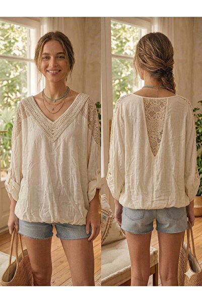 AYASOFYA OTANTIK Γυναικεία ιταλική μπλούζα σε μπεζ έθνικ απόχρωση με λεπτομέρ...