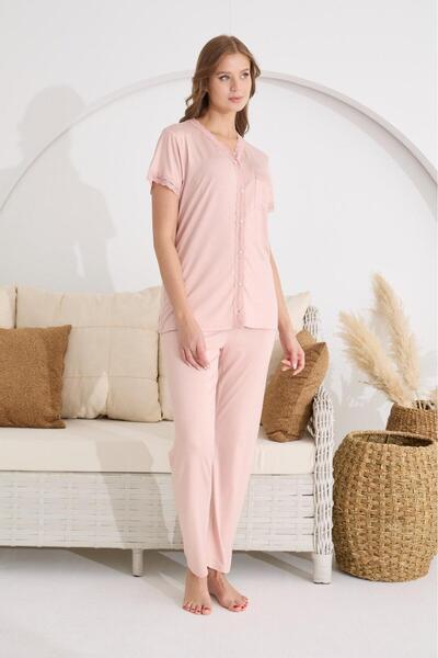 noyalux Women's Viscose Fabric Lace Detailed Buttoned Front Pajama Set