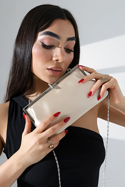 Moda Lime Γυναικεία τσάντα χειρός και ώμου από σατέν βιζόν με μεταλλικό λουρά...