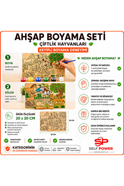Self Power Çiftlik Hayvanları Ahşap Boyama Kartı Boya &Fırça Dahil