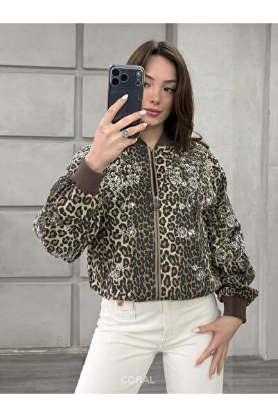 Coral Sequin Embroidered Leopard Pattern Jacket 99961 Brown