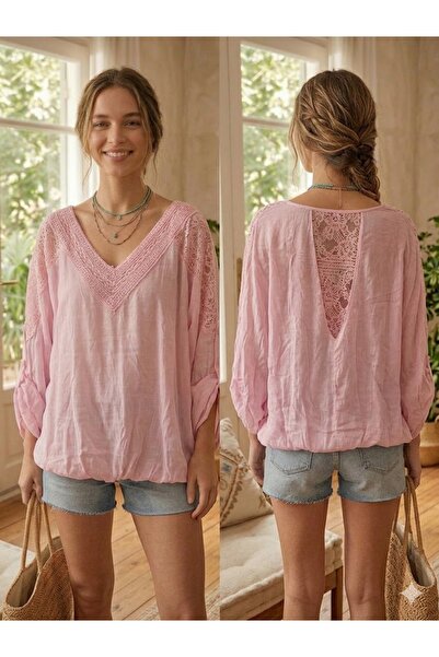 AYASOFYA OTANTIK Γυναικεία Ιταλική Ροζ Έθνικ Μπλούζα με Λεπτομέρεια από Παγιέ...