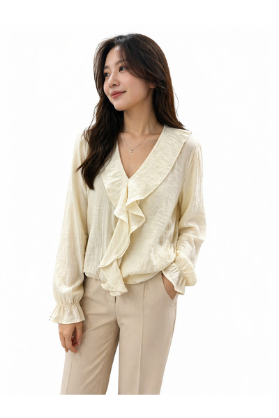 ModaPlaza Γυναικεία μπλούζα με βολάν στο μπροστινό μέρος και μακριά μανίκια 2655