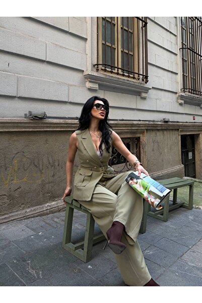 Bella Breeze Women's Belt Detailed Vest and Trousers Set Double Breasted Coll...