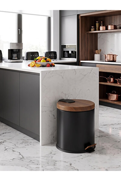 GörSeç Μαύρος Ξύλινος Κάδος Απορριμμάτων 20 Λίτρων Κουζίνας Ατσάλινος Μεταλλι...