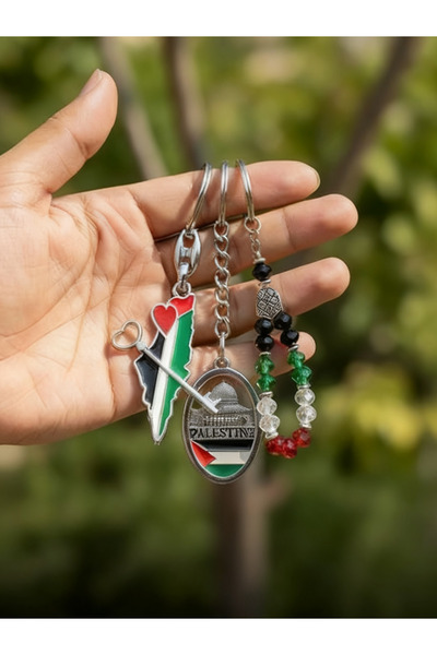 Zaytoon 3-Piece Gift Keychain Set – Return Key, Dome of the Rock, and Palestine Flag Colorful Metal