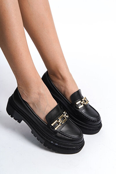 Scarpebutik Loafer με χοντρή σόλα, ορθοπεδικό, μαύρο με χρυσή τετράγωνη λεπτο...