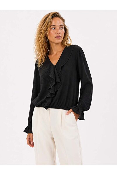 ModaPlaza Γυναικεία μπλούζα με βολάν στο μπροστινό μέρος και μακριά μανίκια 2655