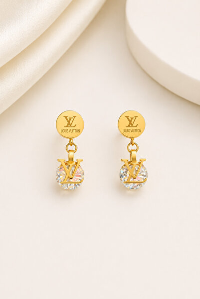OEM Γυναικεία χρυσά σκουλαρίκια τύπου LV με κρύσταλλα ζιργκόν, από ανοξείδωτο...