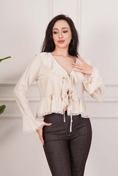 Hipo Trend Δαντελωτή Μπλούζα με Λεπτομέρειες και Κορδόνια, με Πέτρες και Βολάν