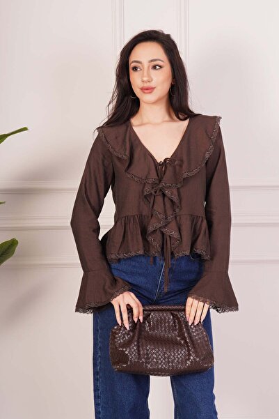 Hipo Trend Δαντελωτή Μπλούζα Καφέ με Λεπτομέρειες και Δέσιμο με Βολάν