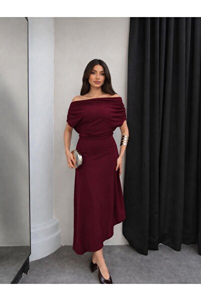 MEGOMEL Γυναικείο Ασύμμετρο Φόρεμα με Ντραπέ Γιακά και Λιλράλ