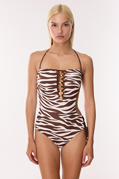 AYYILDIZ 6205 Kahverengi Zebra Straplez Mayokini