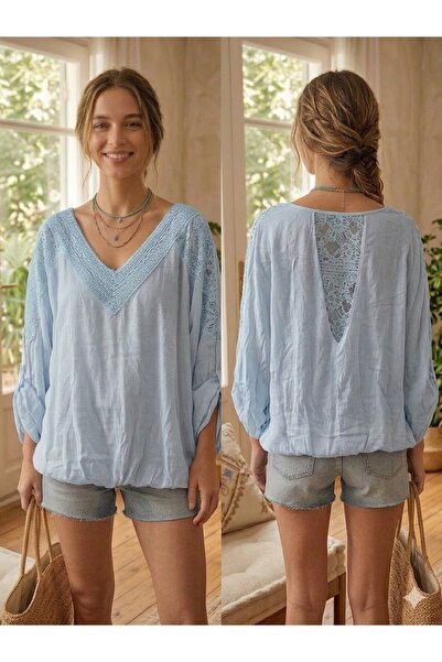 AYASOFYA OTANTIK Γυναικεία ιταλική μπλούζα από μετάξι με λεπτομέρειες από παγ...