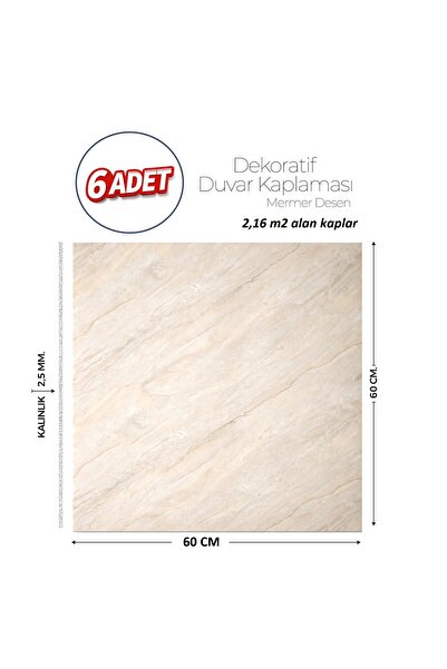 Brano 60X60 cm Kendinden Yapışkanlı Duvar,banyo,tezgah Arası Bej Mermer-6 Adet