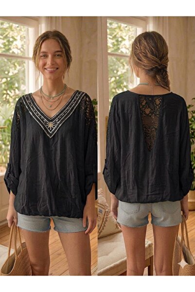 AYASOFYA OTANTIK Γυναικεία ιταλική μαύρη έθνικ μπλούζα με λεπτομέρεια από παγ...