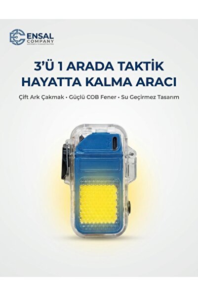 ENSAL Şarjlı Şeffaf Çakmak USB Şarjlı LED Fener i Kamp Çakmağı COB Led Rüzgar...